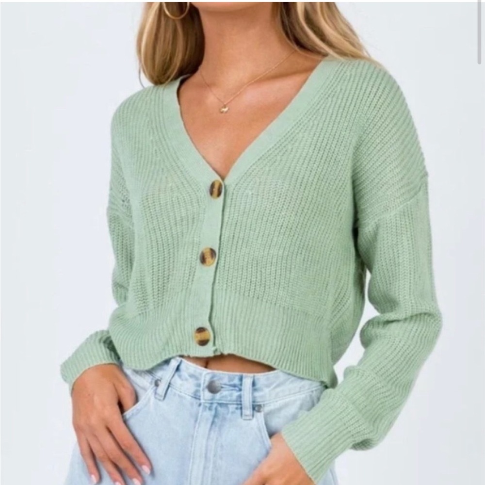 Princess Polly V Neck Ribbed Cropped Cardigan Sweater Green XS/S academia 90s
